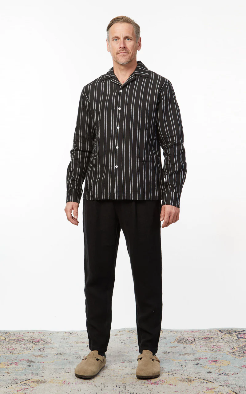 3sixteen LS Open Collar Linen Shirt Black Striped - Image 2