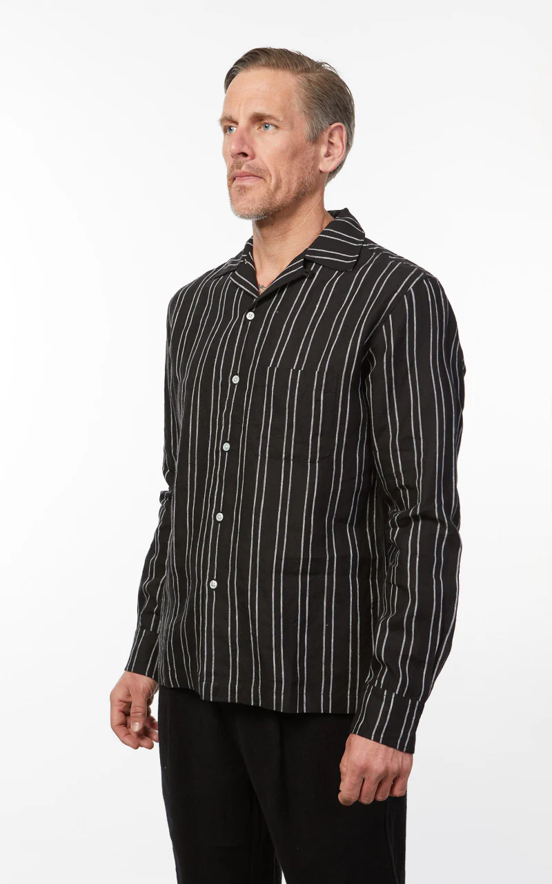 3sixteen LS Open Collar Linen Shirt Black Striped - Image 4
