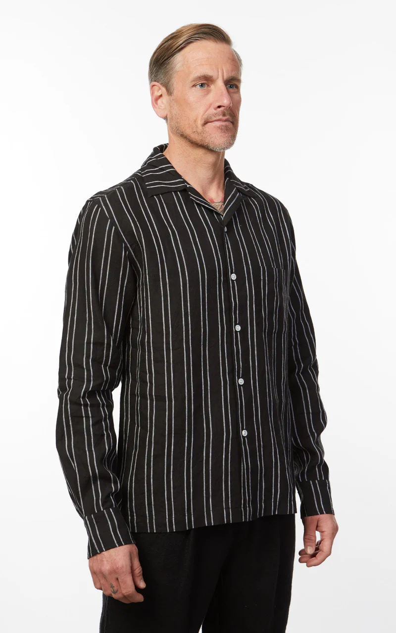 3sixteen LS Open Collar Linen Shirt Black Striped - Image 5