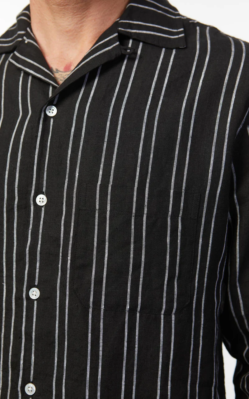 3sixteen LS Open Collar Linen Shirt Black Striped - Image 8