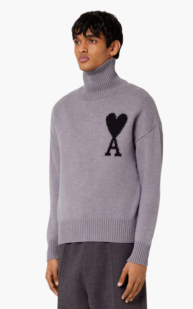AMI Paris ADC Funnel Neck Sweater Knit Wool Grey/Black - Image 2