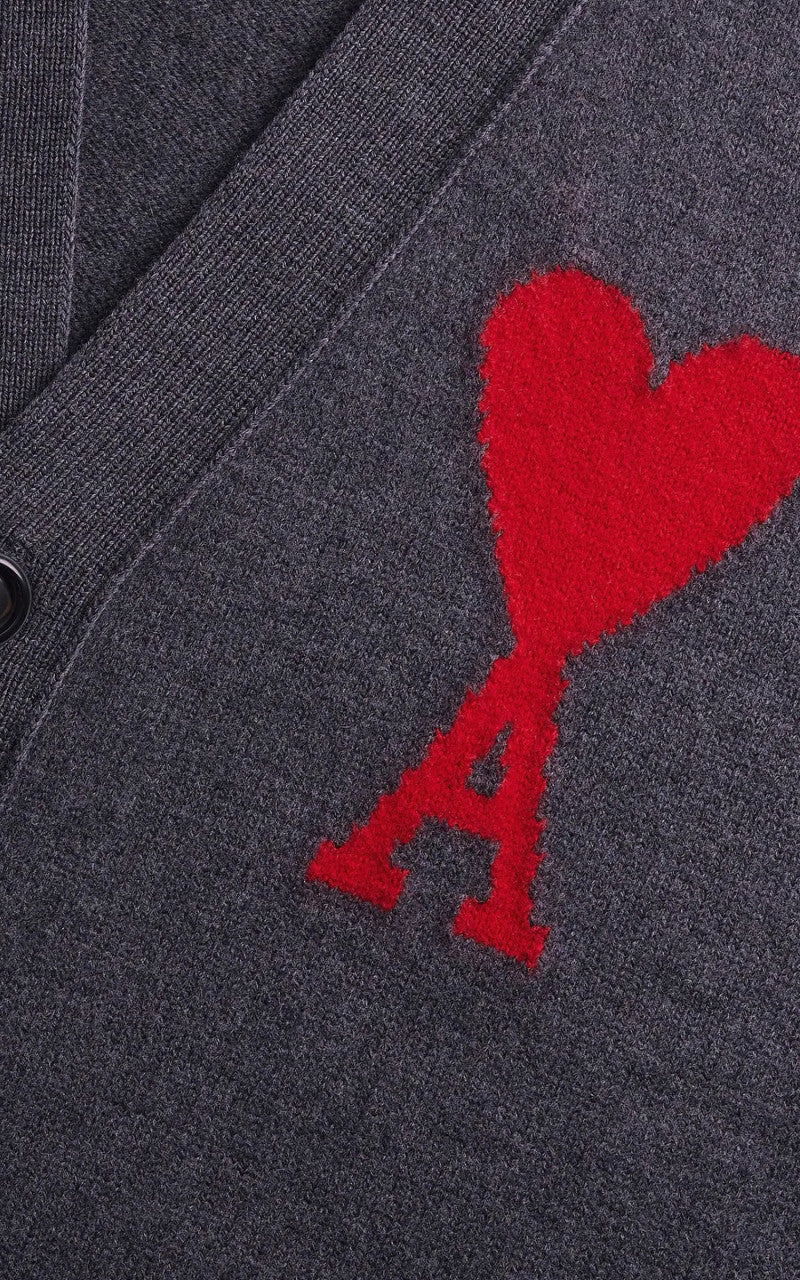AMI Paris Ami De Coeur Cardigan Grey/Red - Image 3