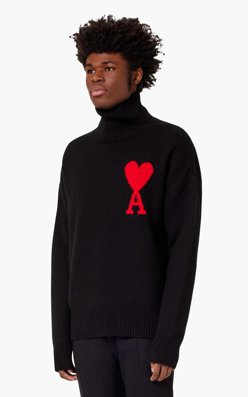 AMI Paris Ami De Coeur Funnel Neck Sweater Black/Red - Image 2