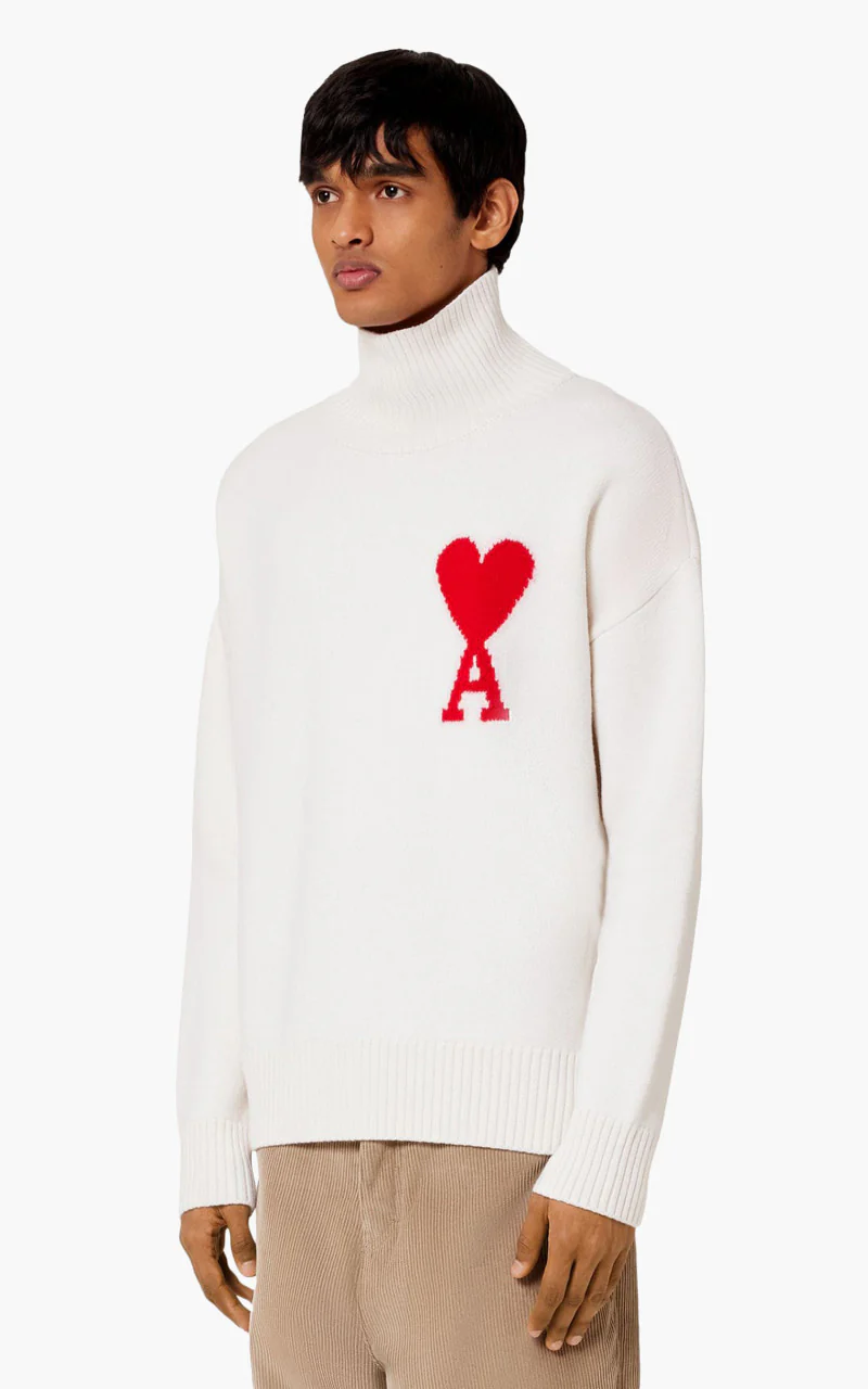 AMI Paris Ami De Coeur Funnel Neck Sweater Off-White/Red - Image 2