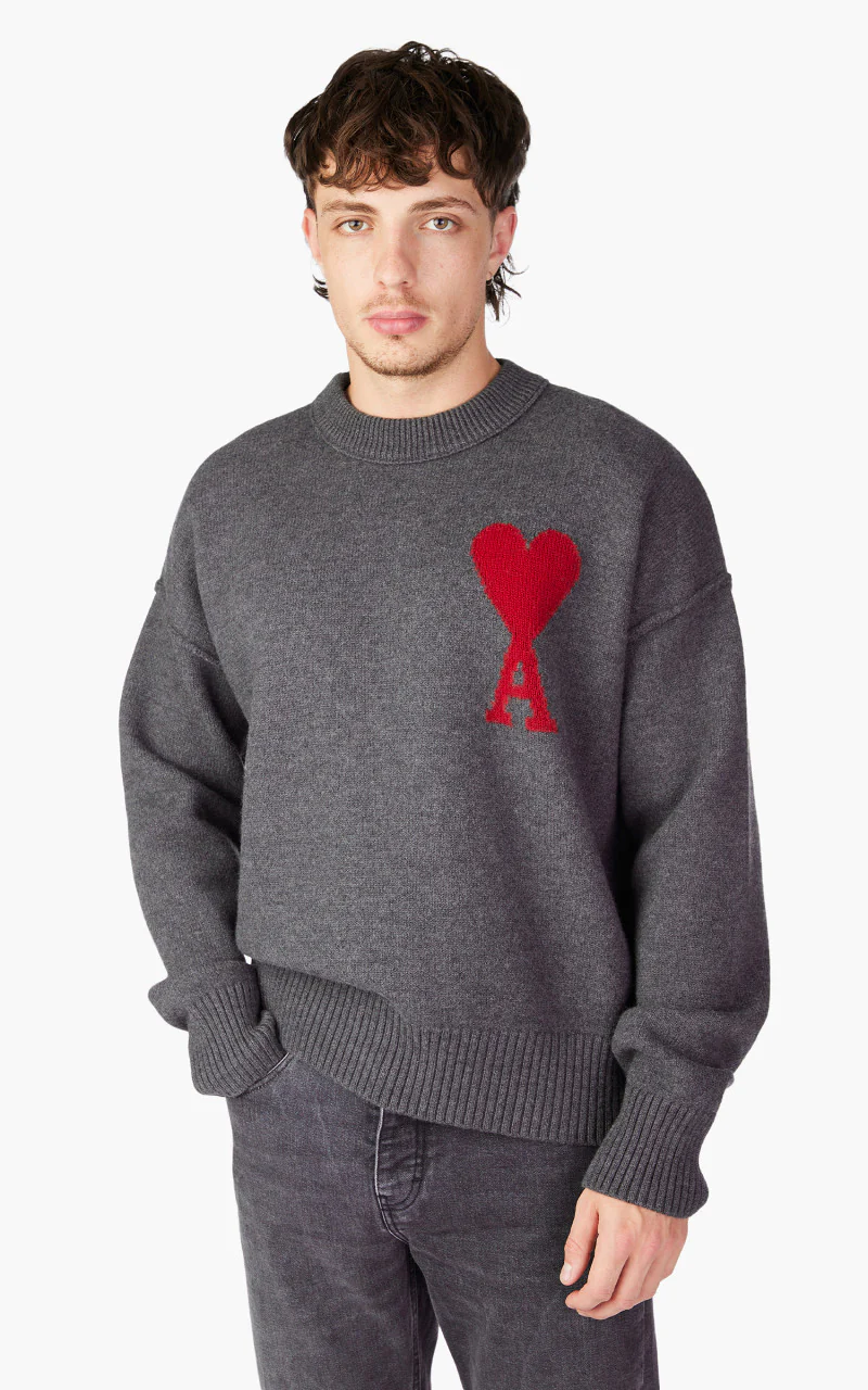 AMI Paris Red ADC Sweater Heather Grey/Red - Image 2
