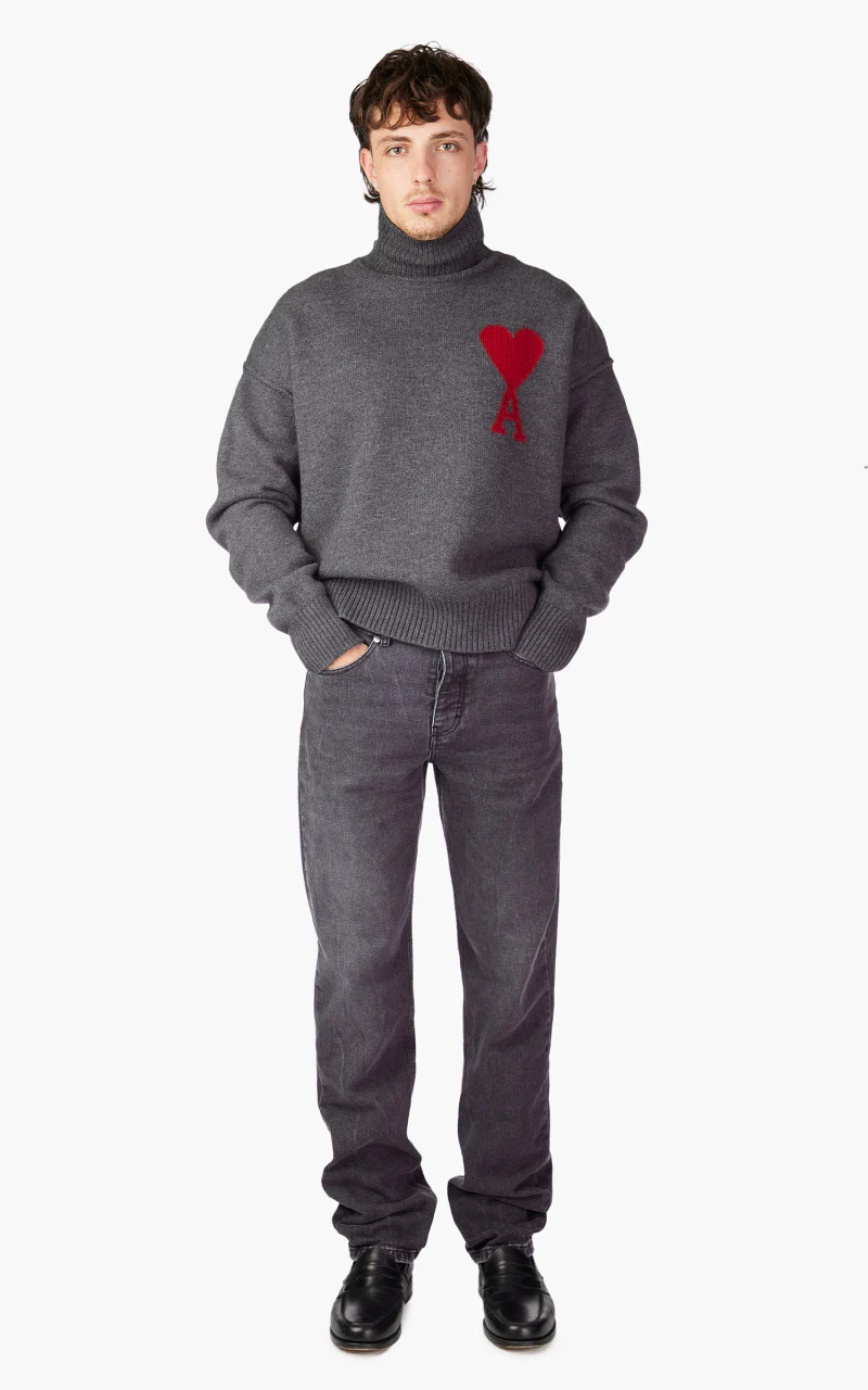 AMI Paris Red ADC Sweater Turtleneck Heather Grey/Red - Image 2
