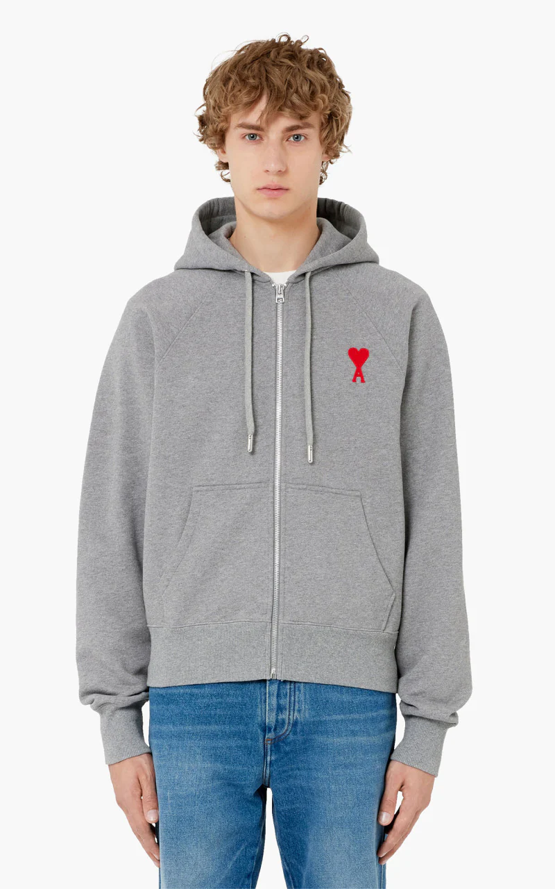 AMI Paris Tonal Zipped ADC Hoodie Heather Grey/Red - Image 2