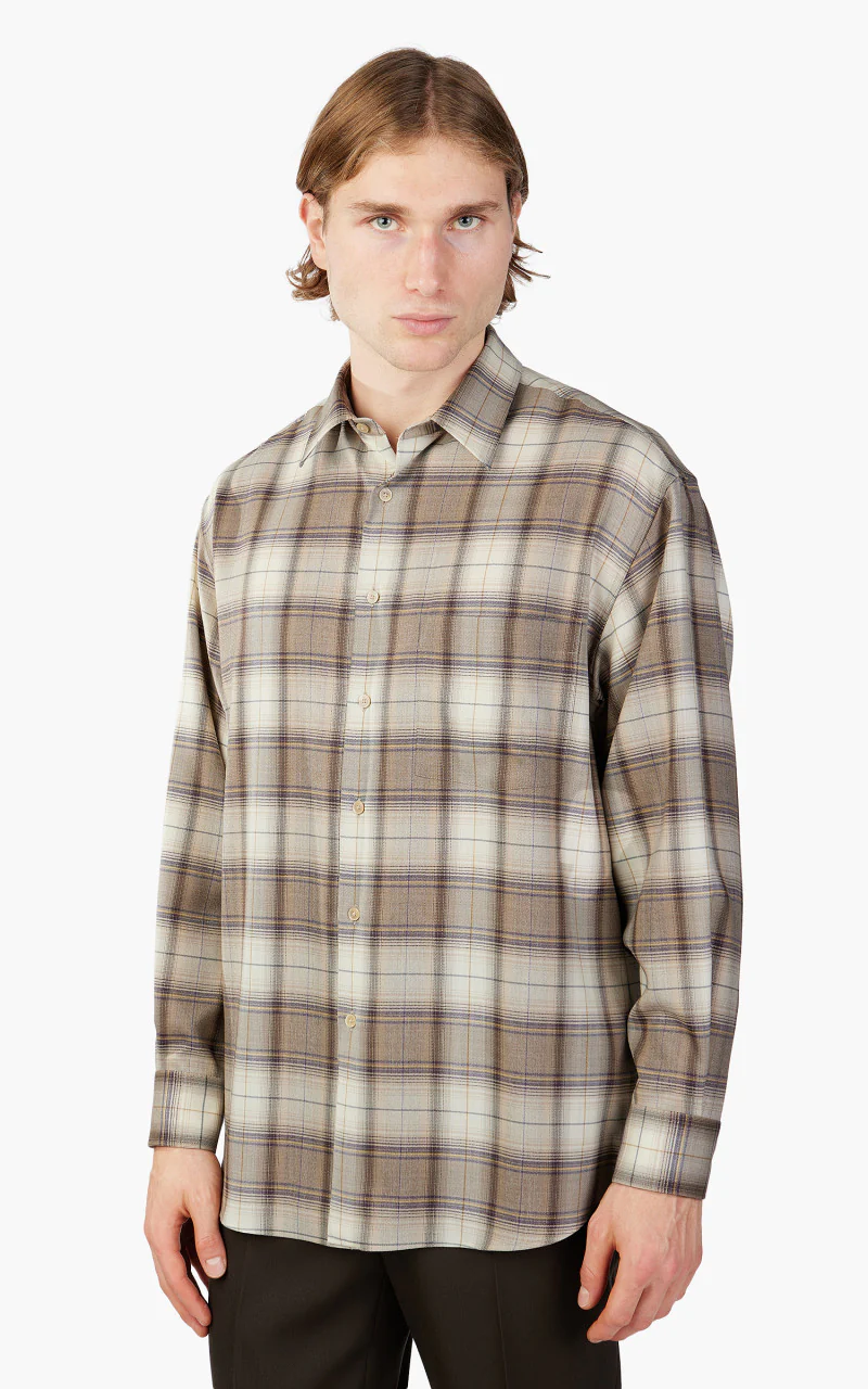 Auralee Super Light Wool Check Shirt Light Brown Check - Image 3
