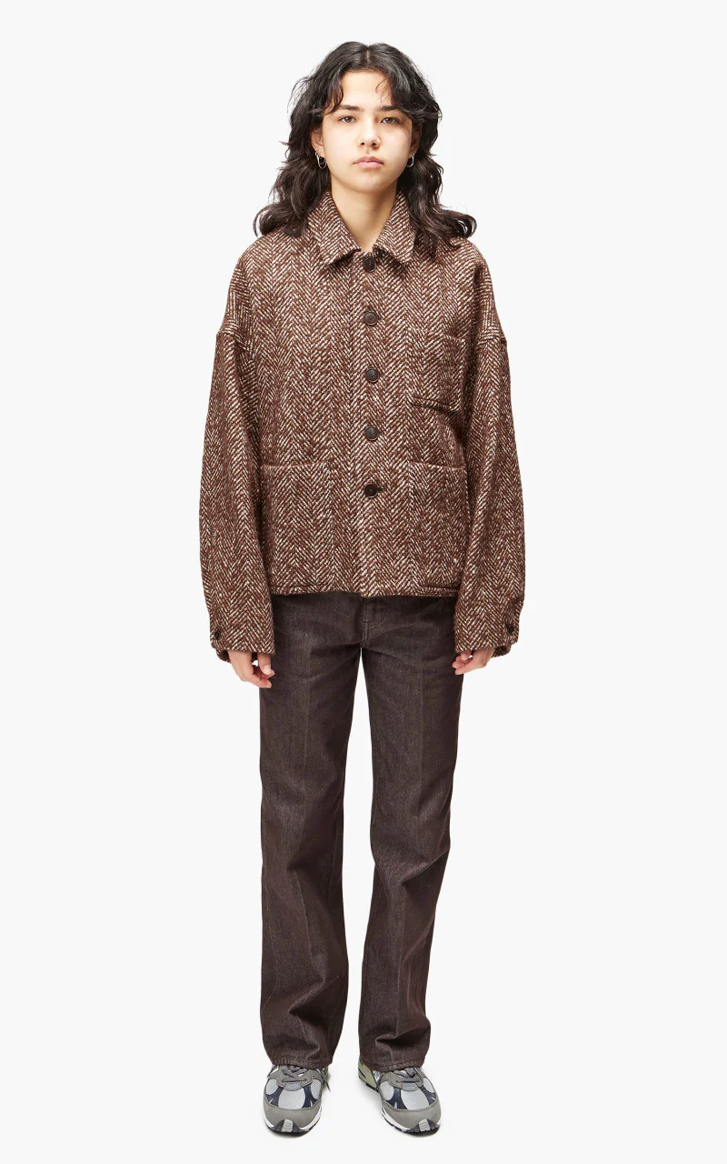 Auralee W Wool Alpaca Herringbone Tweed Short Blouson Brown Herringbone - Image 2