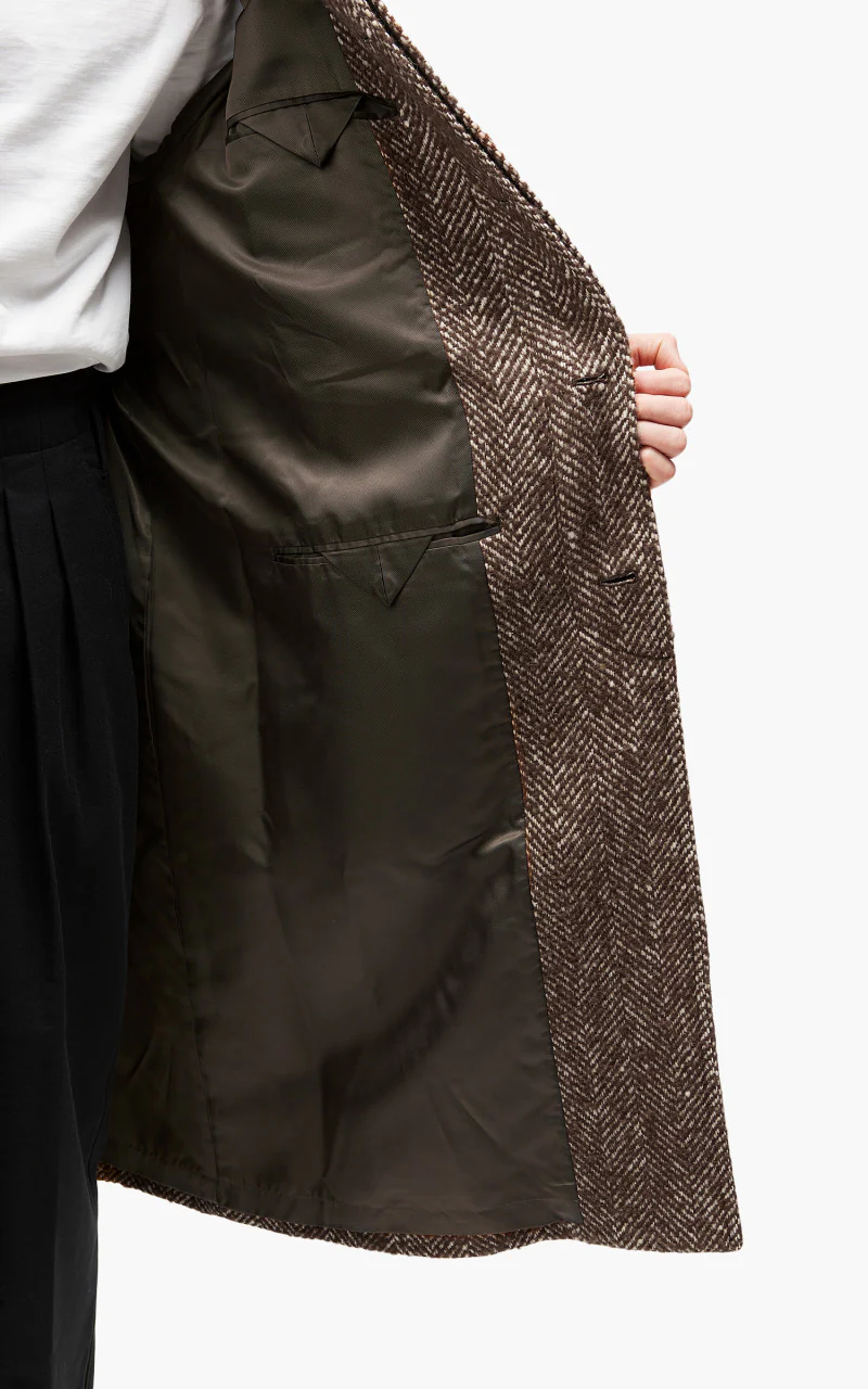 Auralee Wool Alpaca Herringbone Tweed Soutien Collar Coat Brown Herringbone - Image 9