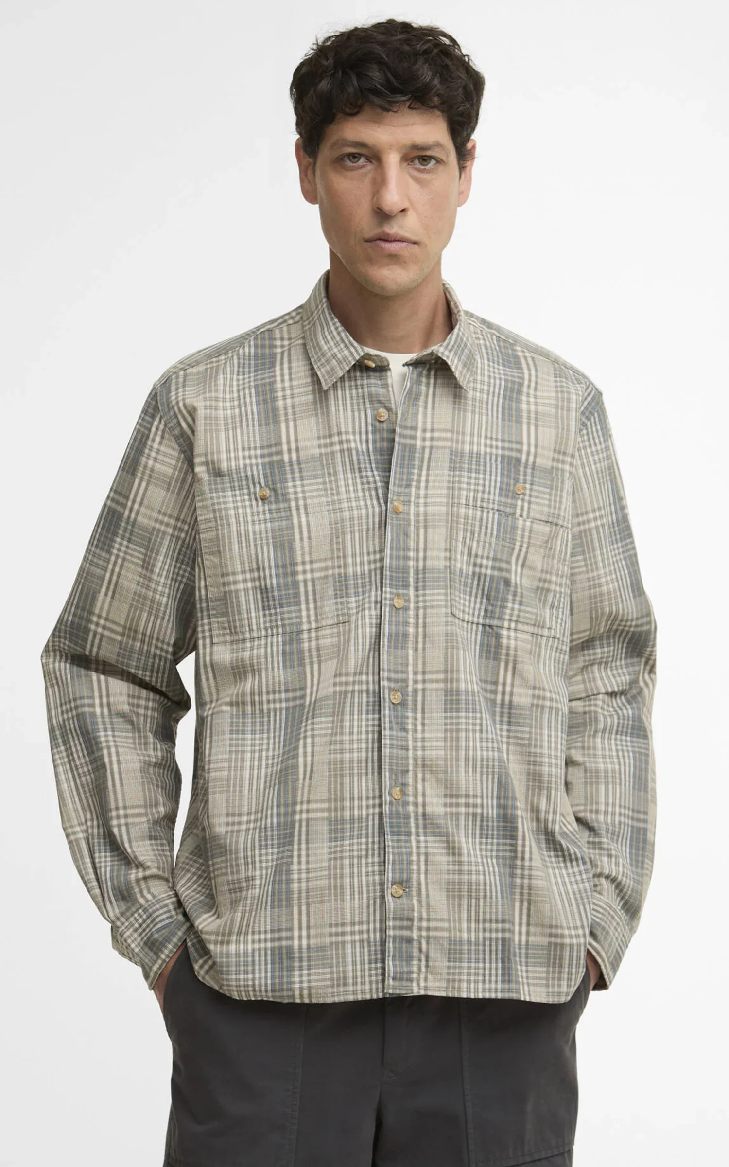 Barbour Maxwell Checked Patch Relaxed Shirt Grey Olive - Image 2