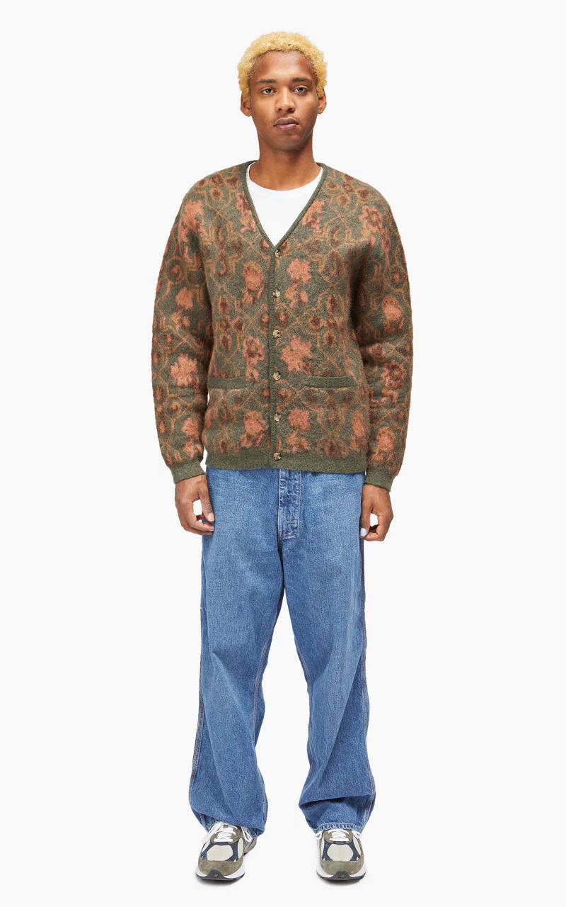 Beams Plus Cardigan Botanical Pattern Jacquard Olive - Image 2