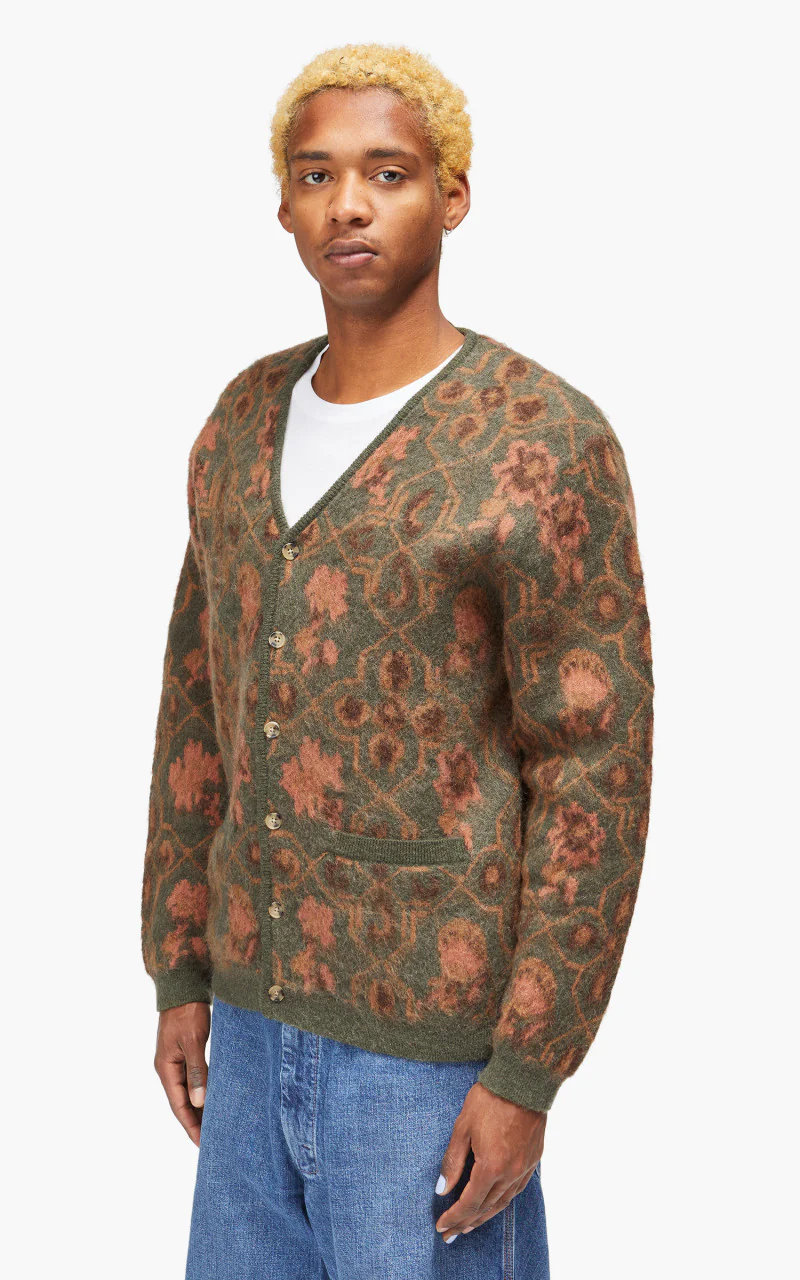 Beams Plus Cardigan Botanical Pattern Jacquard Olive - Image 3