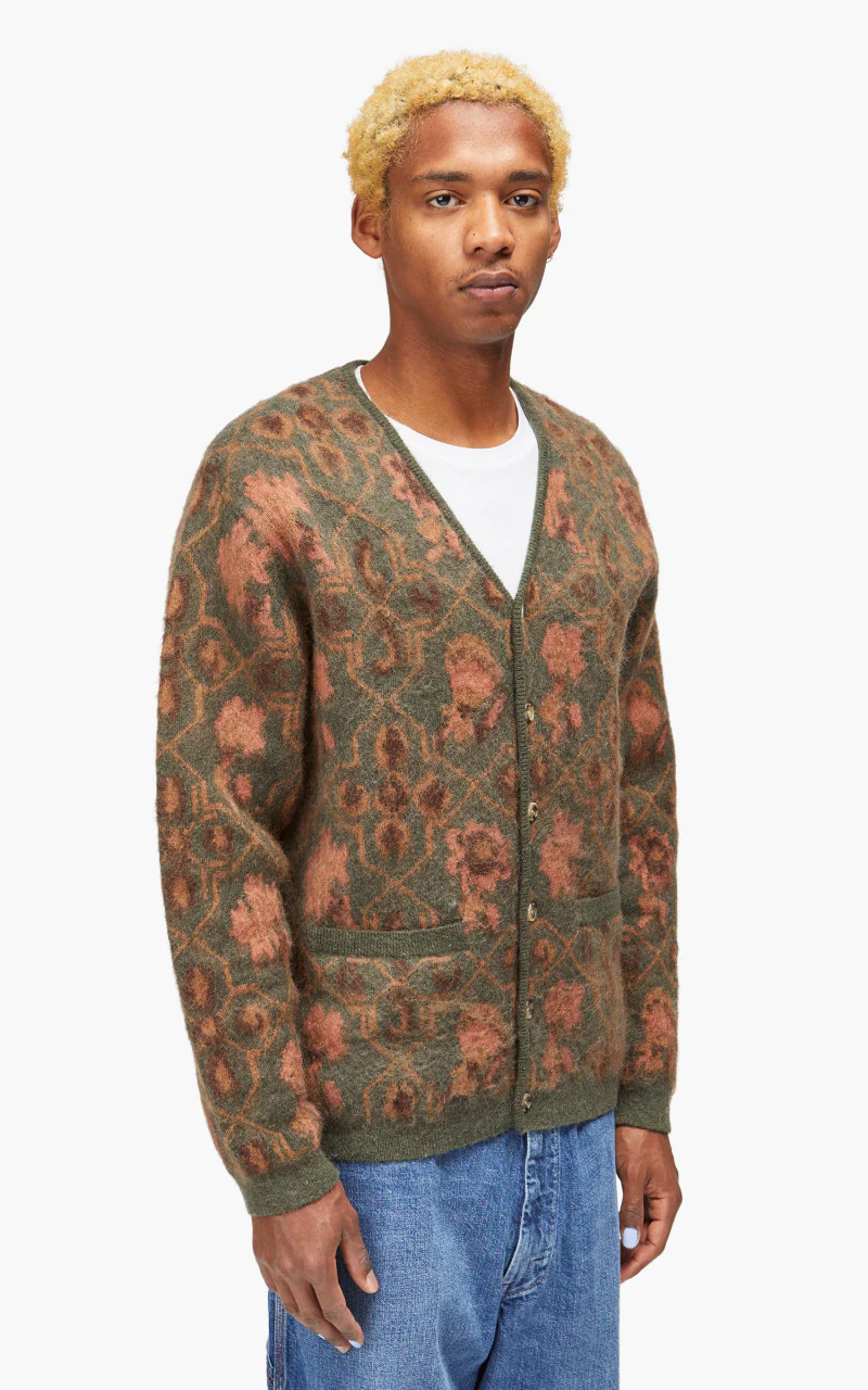 Beams Plus Cardigan Botanical Pattern Jacquard Olive - Image 4