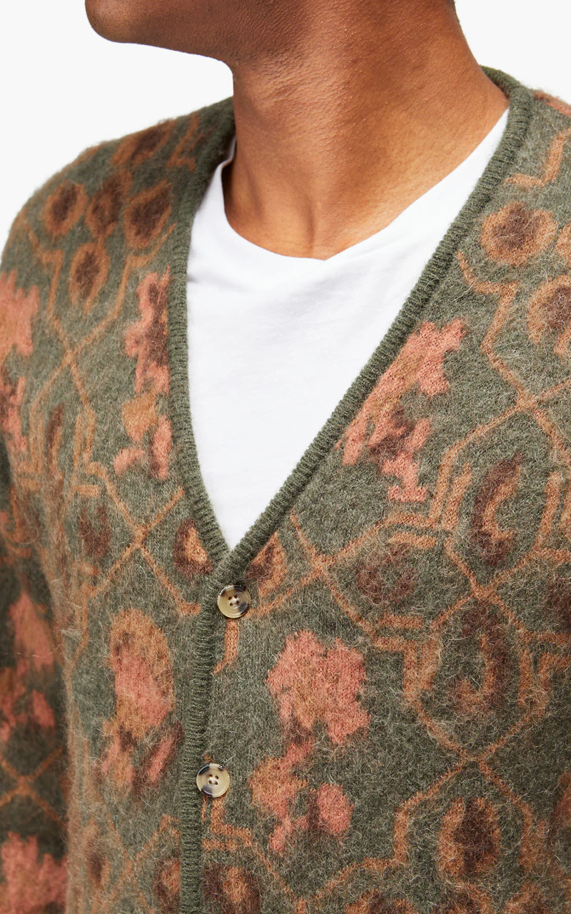 Beams Plus Cardigan Botanical Pattern Jacquard Olive - Image 7