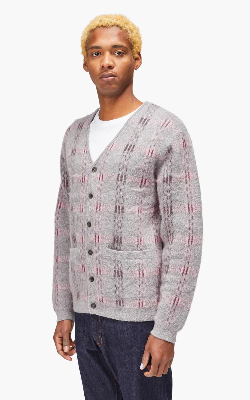 Beams Plus Cardigan Check Pattern Jacquard Mohair 9G Grey - Image 3