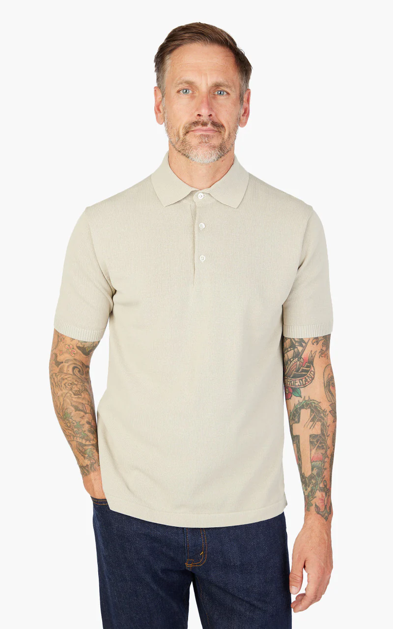 Beams Plus Cotton Knit Solid Polo Shirt Sand - Image 4
