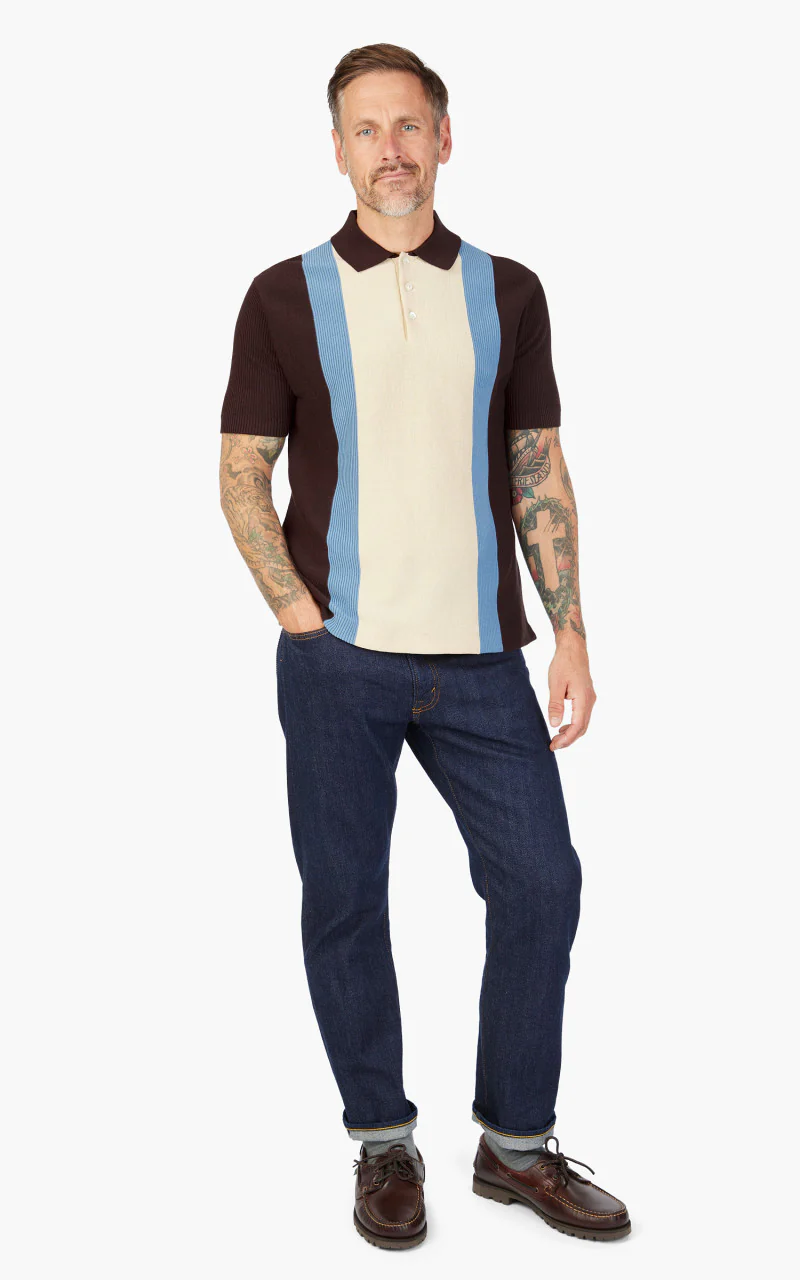 Beams Plus Cotton Knit Striped Polo Shirt Brown - Image 2