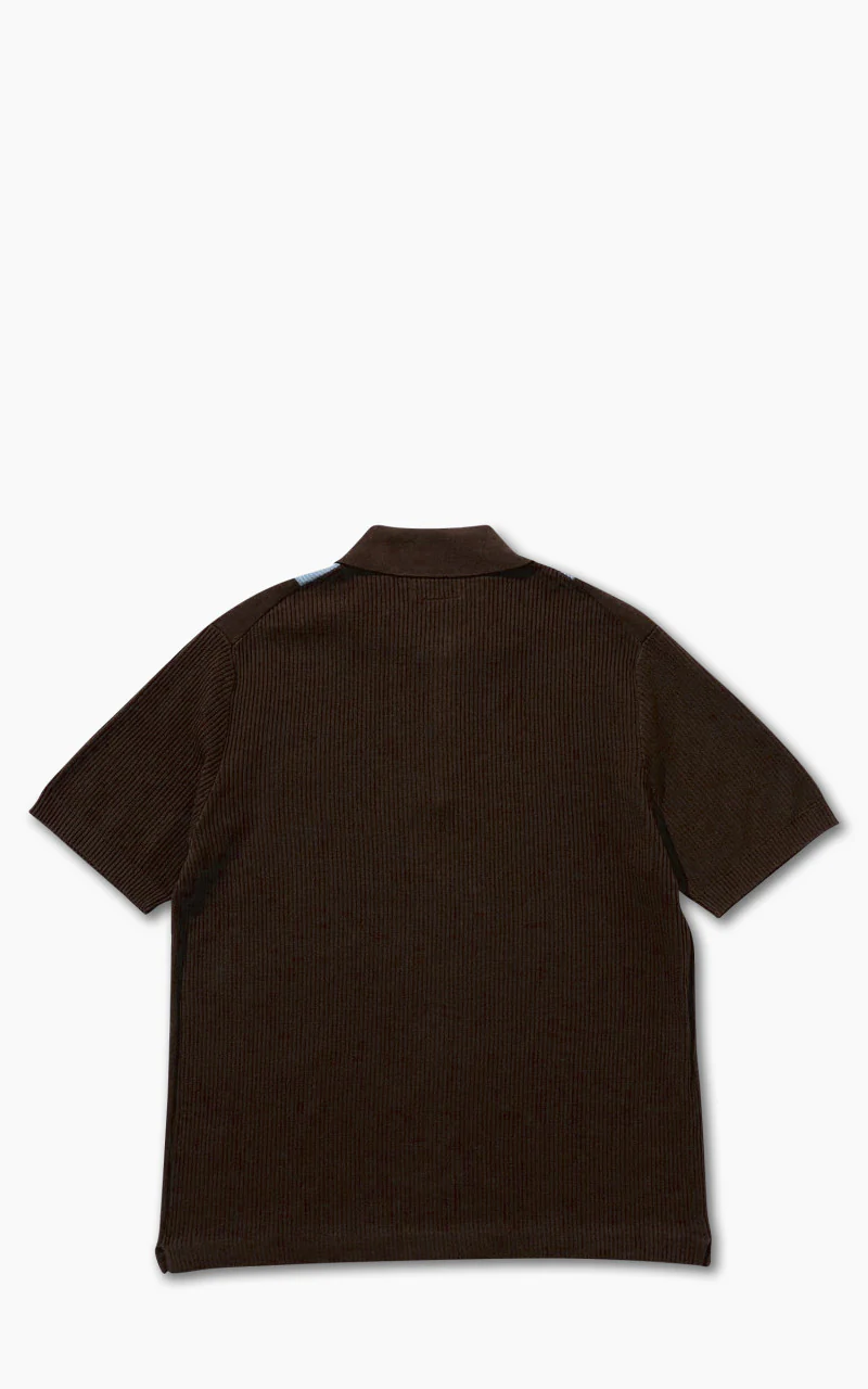 Beams Plus Cotton Knit Striped Polo Shirt Brown - Image 3