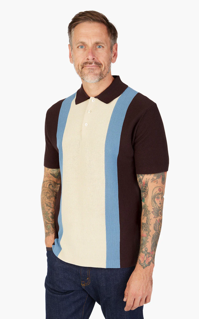 Beams Plus Cotton Knit Striped Polo Shirt Brown - Image 4