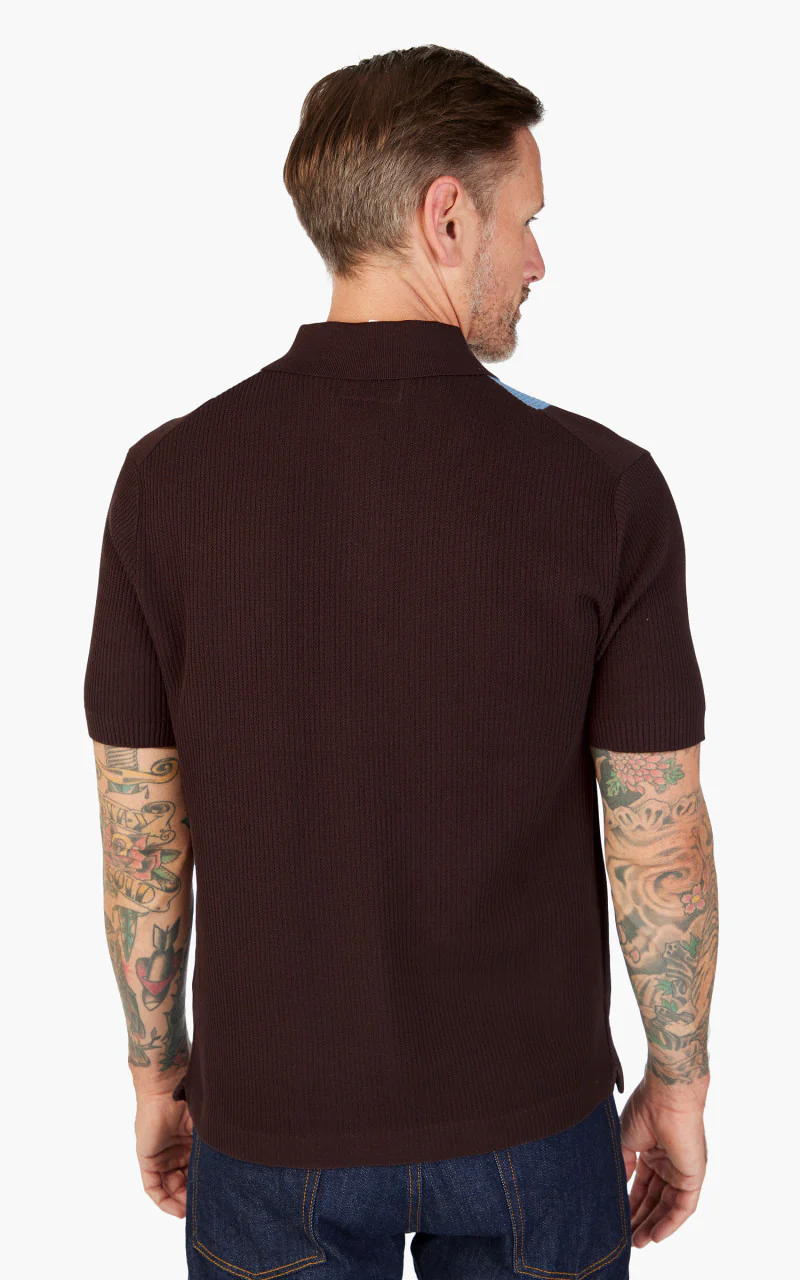 Beams Plus Cotton Knit Striped Polo Shirt Brown - Image 5
