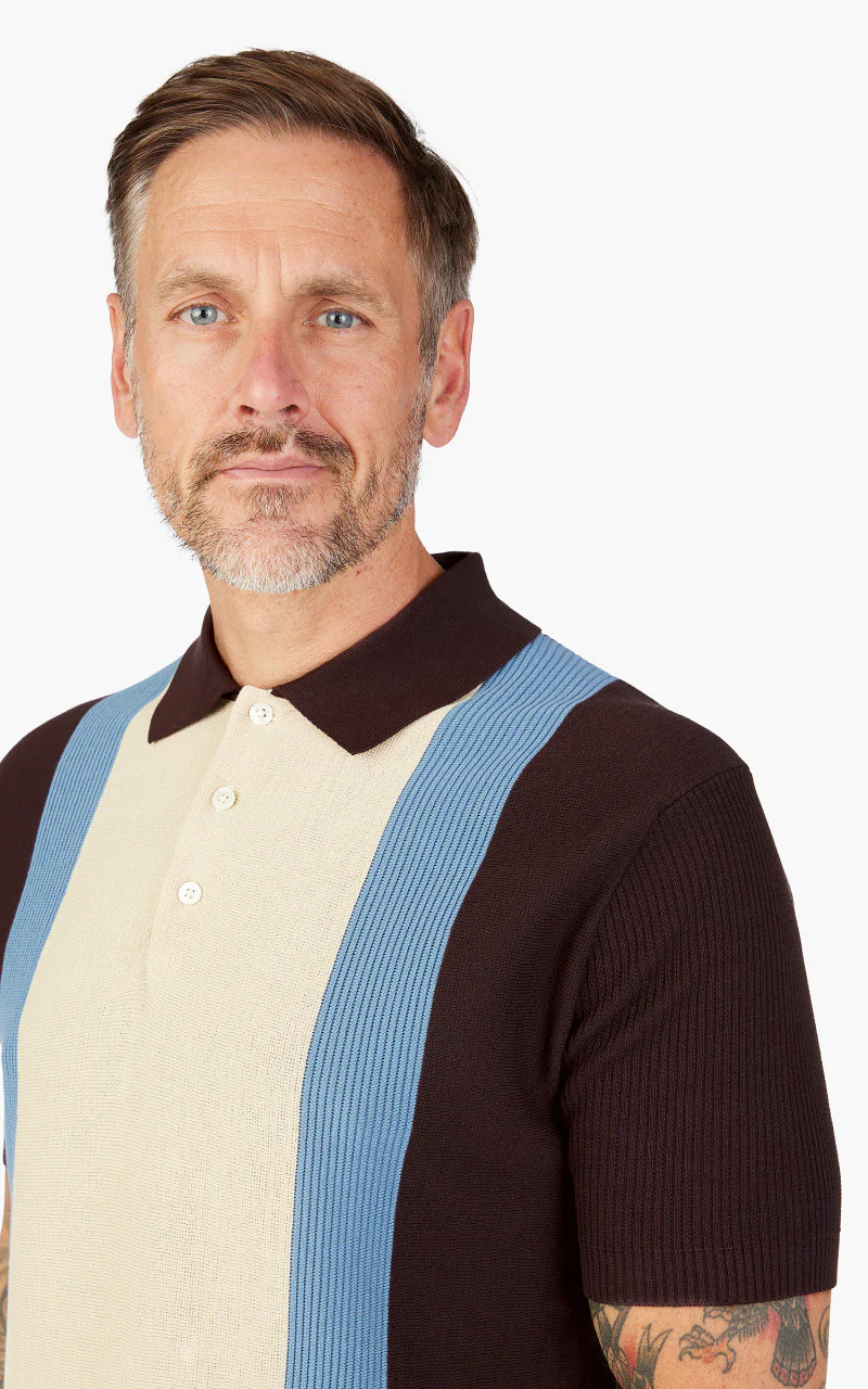 Beams Plus Cotton Knit Striped Polo Shirt Brown - Image 6