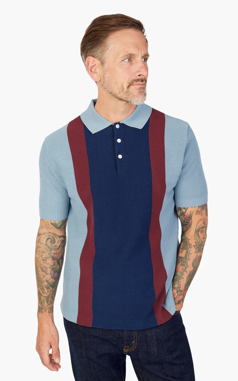 Beams Plus Cotton Knit Striped Polo Shirt Sax - Image 4