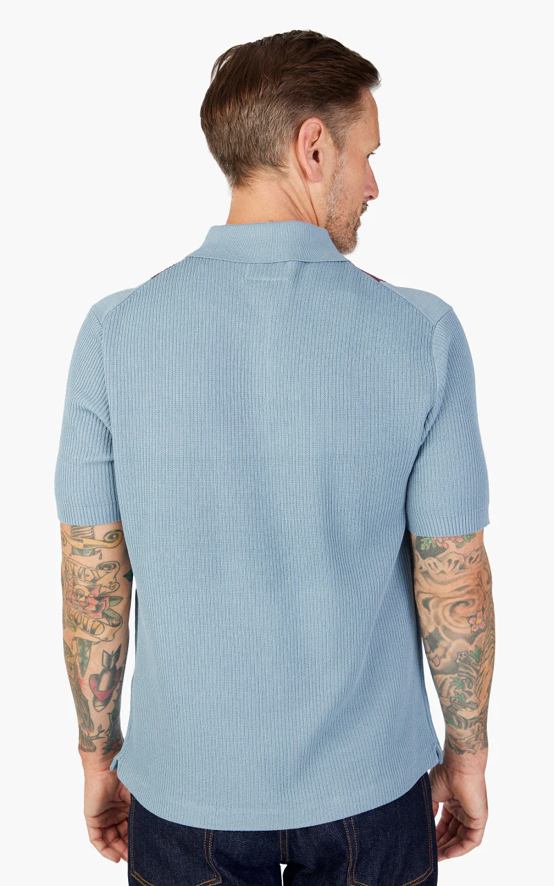 Beams Plus Cotton Knit Striped Polo Shirt Sax - Image 6