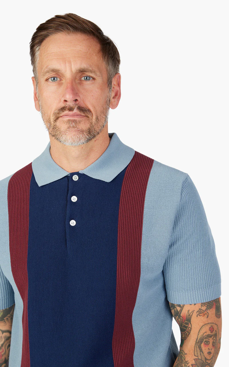 Beams Plus Cotton Knit Striped Polo Shirt Sax - Image 7