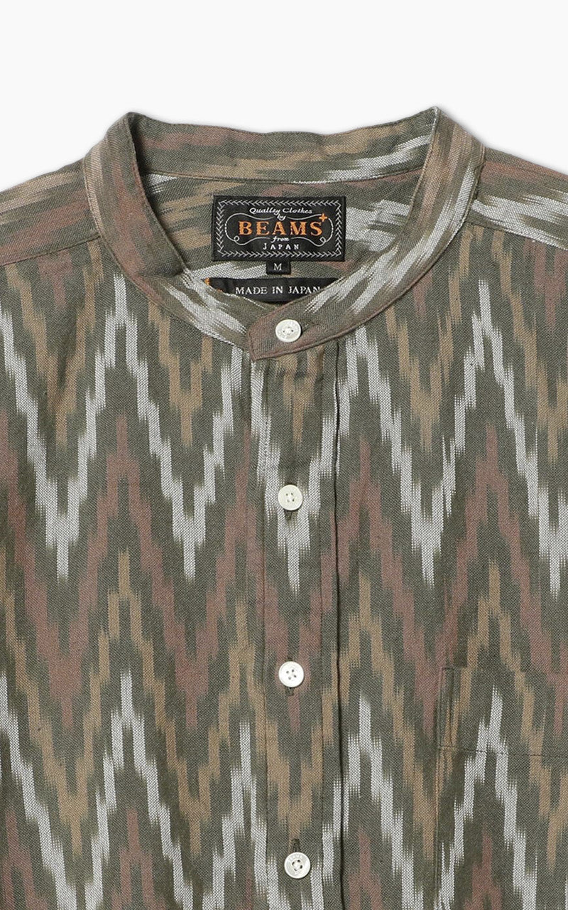 Beams Plus Ikat Band Collar Pullover Shirt Olive - Image 2