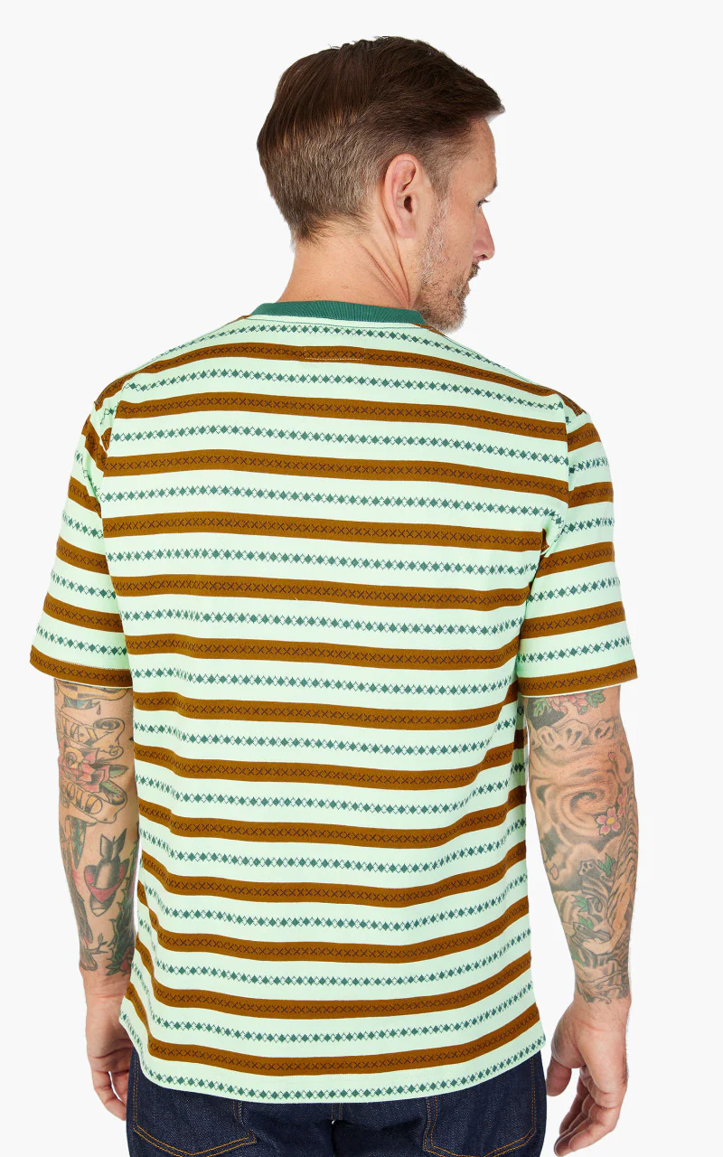 Beams Plus Jacquard Stripe Pocket T-Shirt Green - Image 4