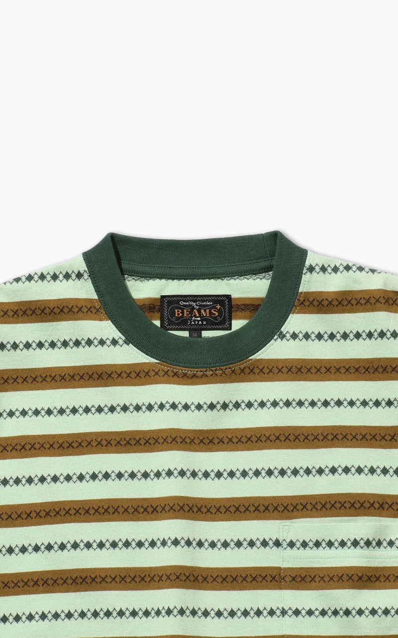 Beams Plus Jacquard Stripe Pocket T-Shirt Green - Image 5