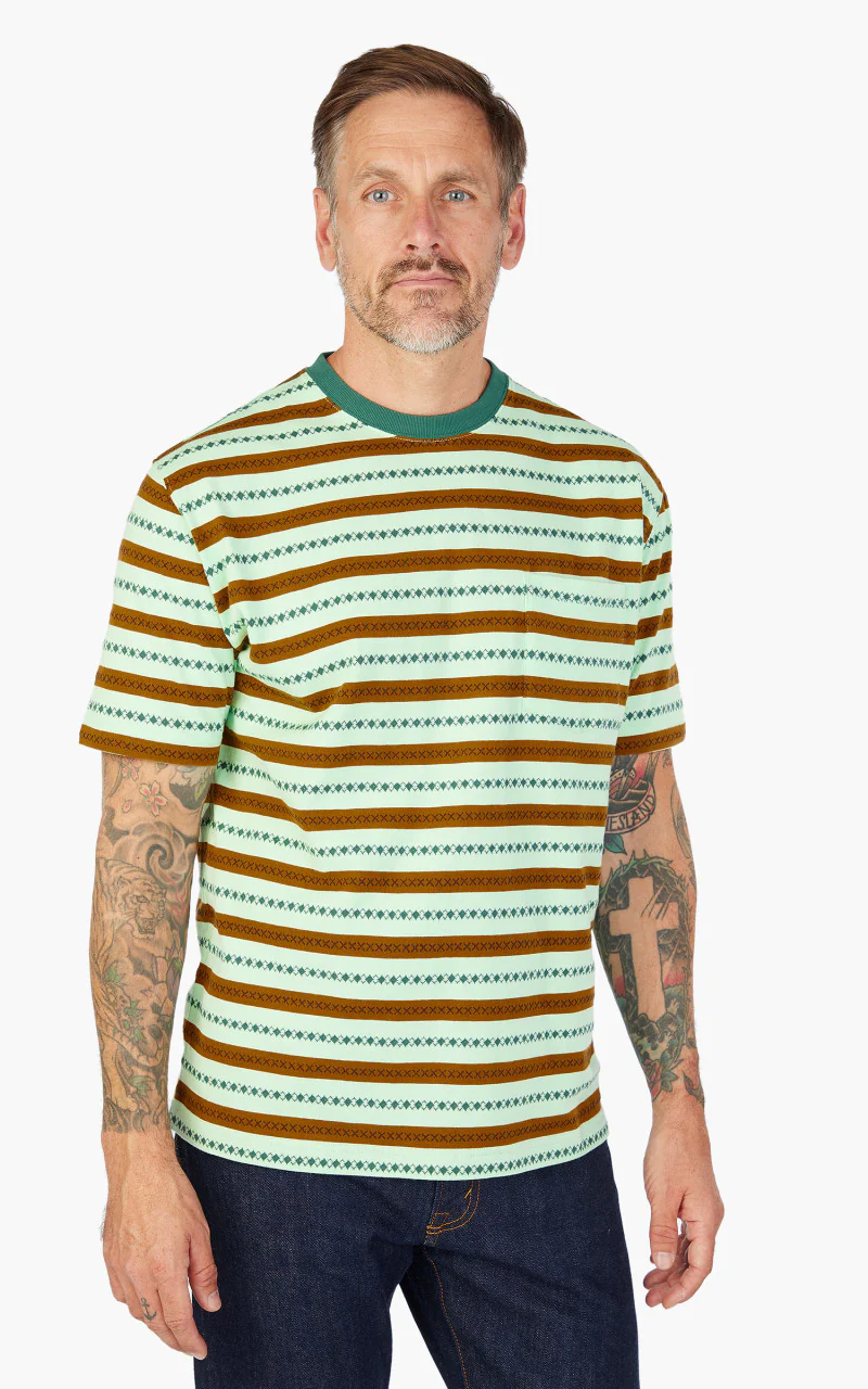 Beams Plus Jacquard Stripe Pocket T-Shirt Green - Image 6
