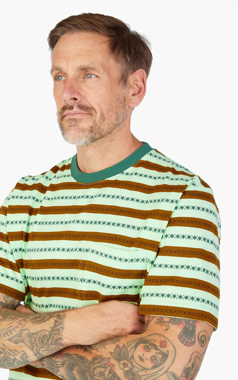 Beams Plus Jacquard Stripe Pocket T-Shirt Green - Image 8