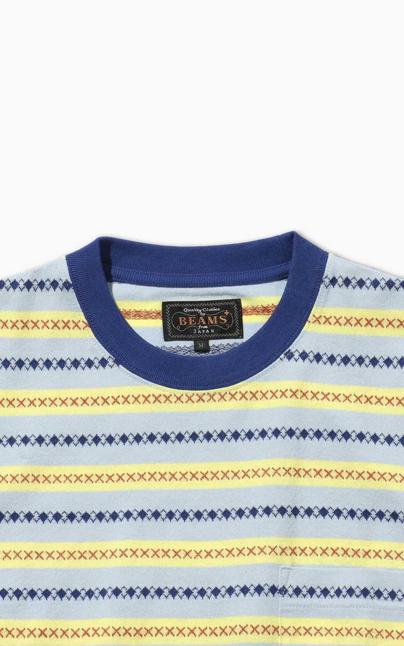 Beams Plus Jacquard Stripe Pocket T-Shirt Sax - Image 5