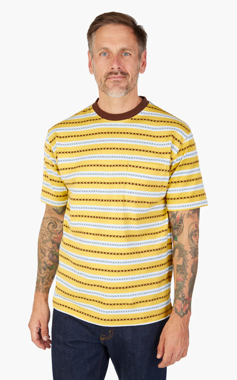 Beams Plus Jacquard Stripe Pocket T-Shirt Yellow - Image 6
