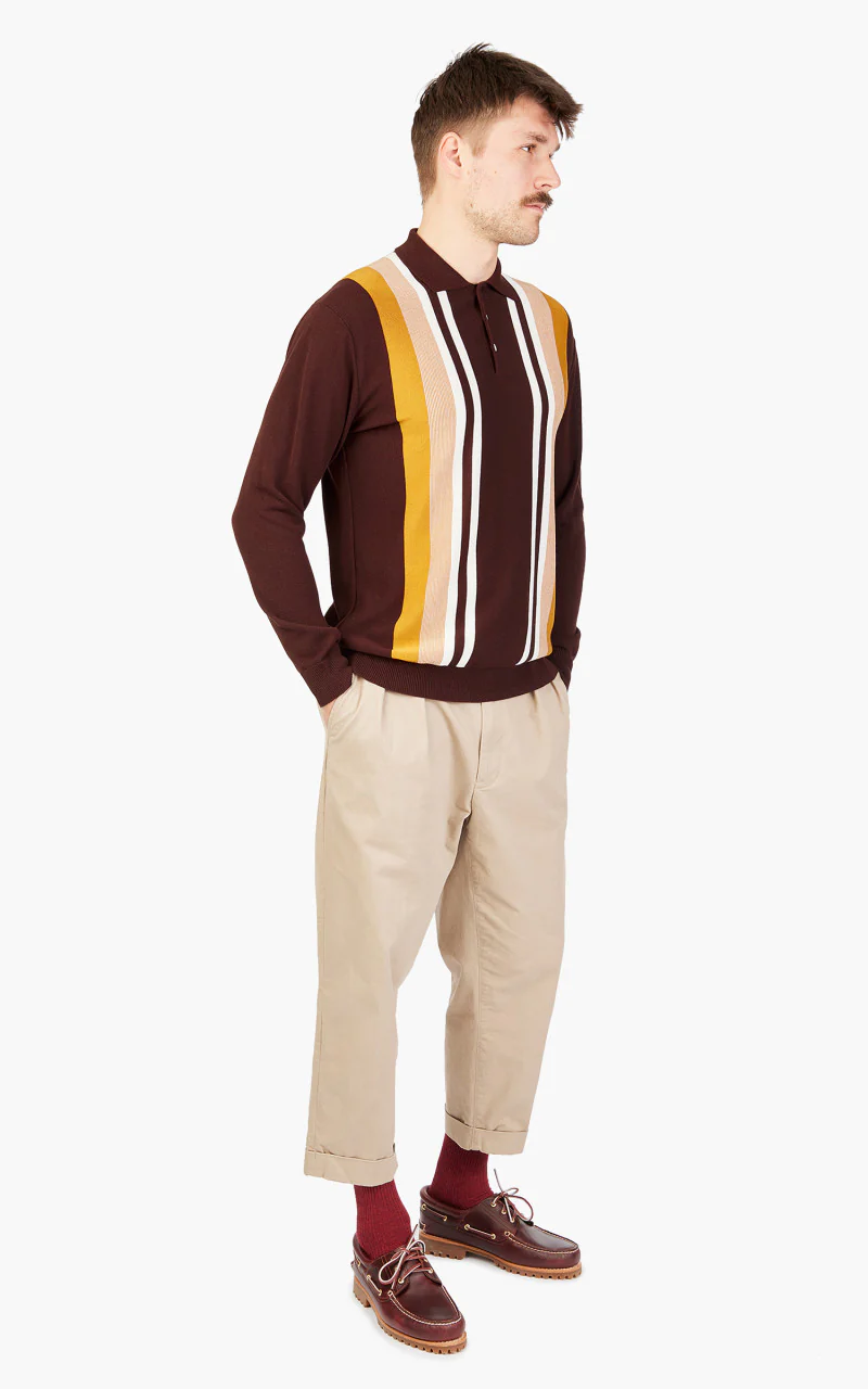 Beams Plus Knit 12-Gauge Striped Polo Shirt Brown - Image 2
