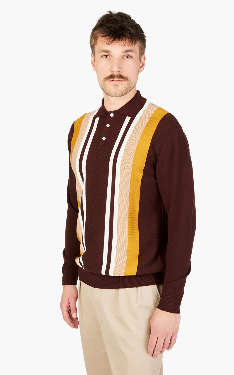 Beams Plus Knit 12-Gauge Striped Polo Shirt Brown - Image 3
