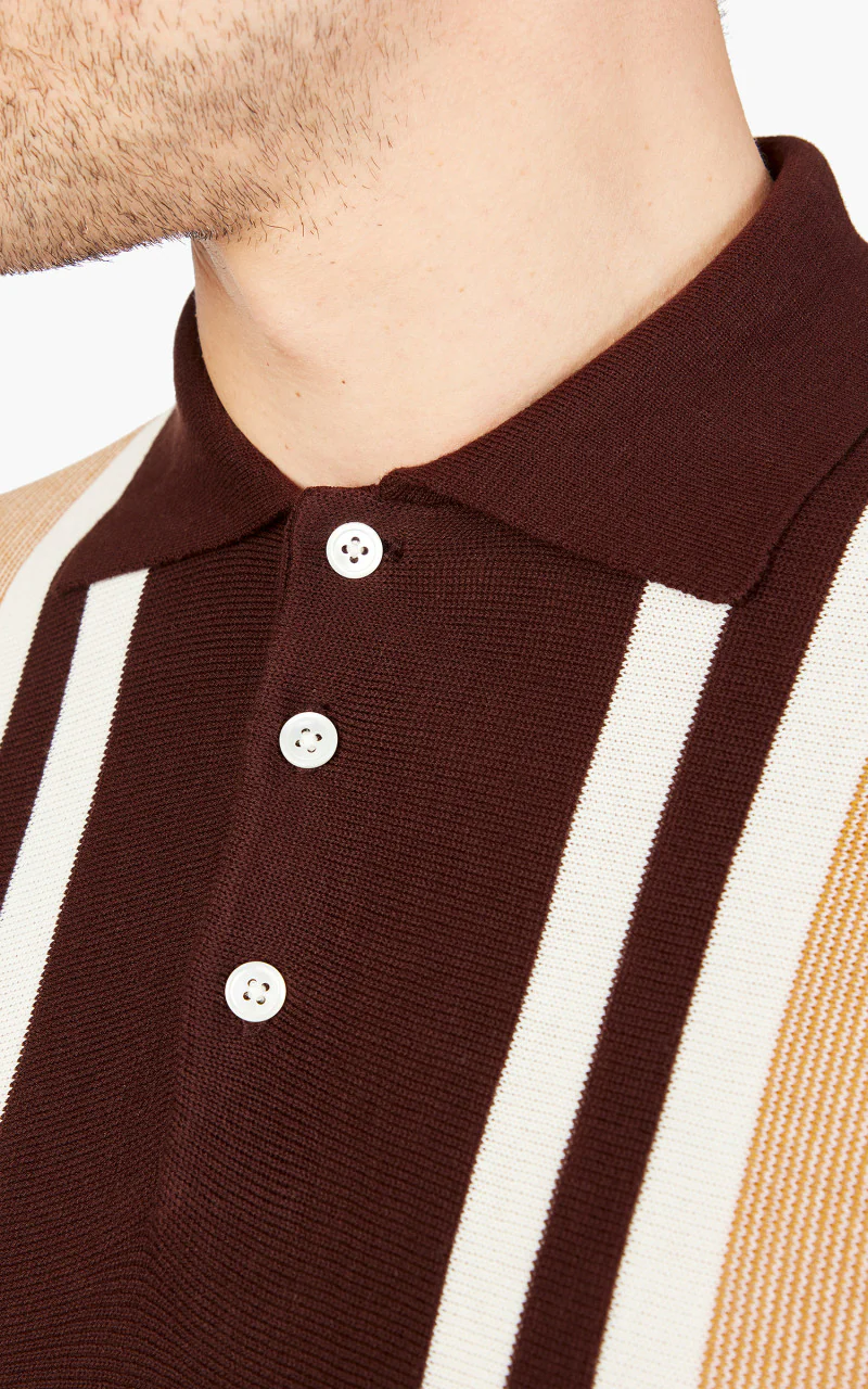 Beams Plus Knit 12-Gauge Striped Polo Shirt Brown - Image 4