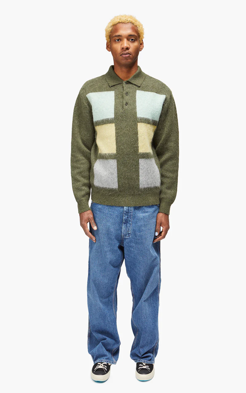 Beams Plus Knit Polo Shaggy 9G Olive - Image 2