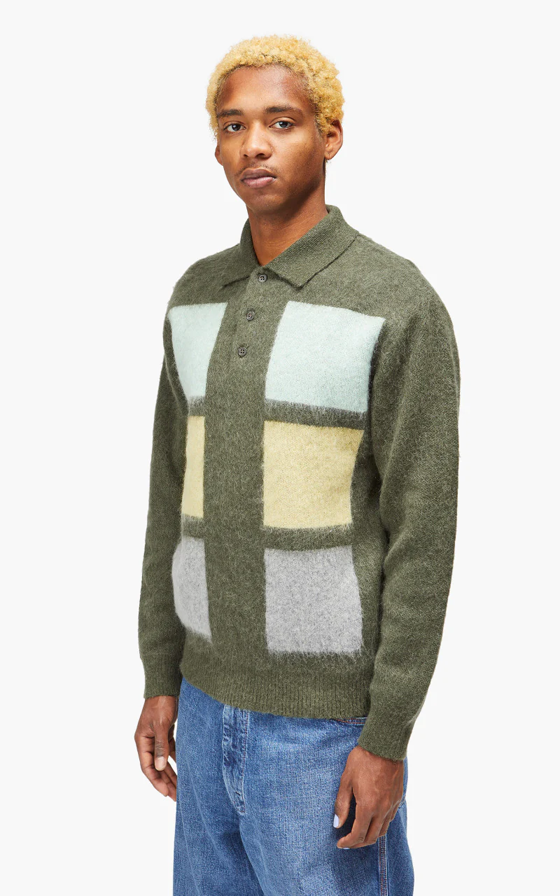 Beams Plus Knit Polo Shaggy 9G Olive - Image 3