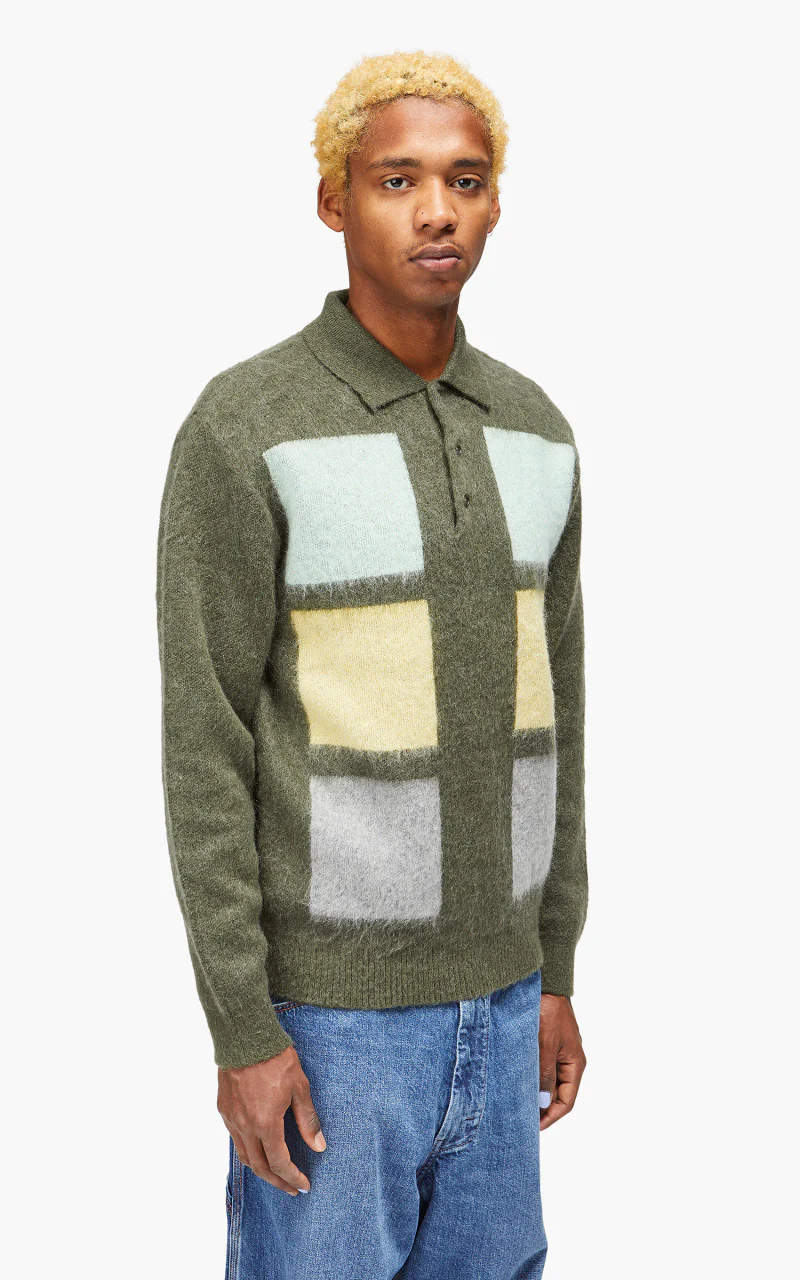 Beams Plus Knit Polo Shaggy 9G Olive - Image 4