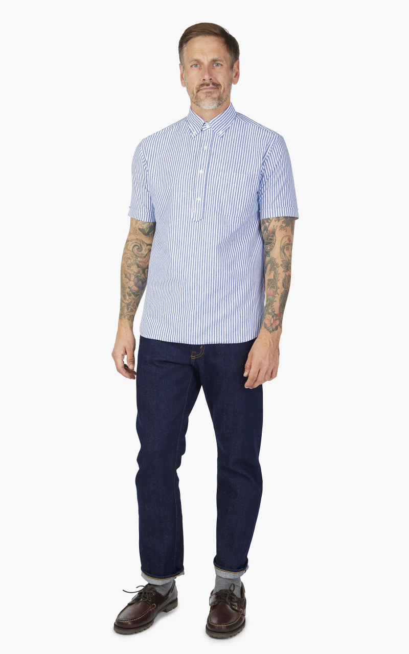 Beams Plus Knitted Oxford Striped Button Down Shirt Blue - Image 2