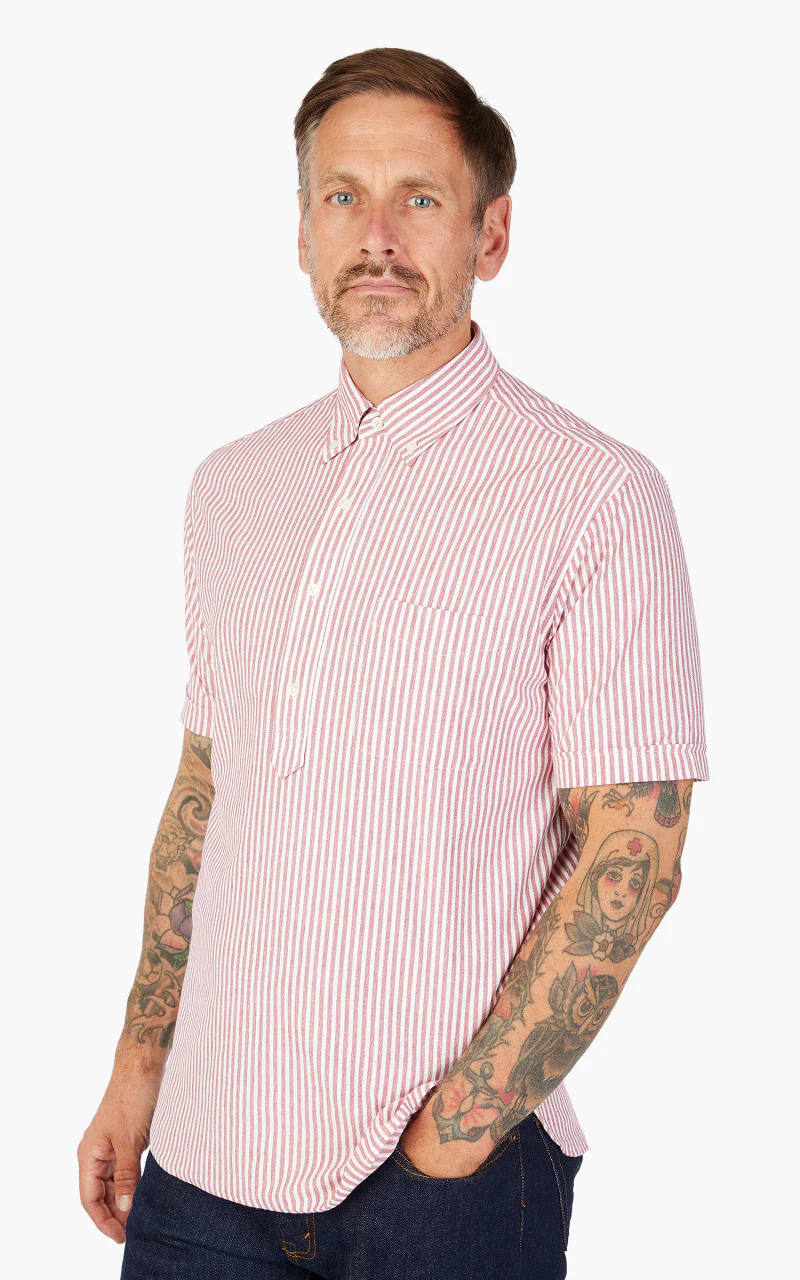 Beams Plus Knitted Oxford Striped Button Down Shirt Red - Image 4