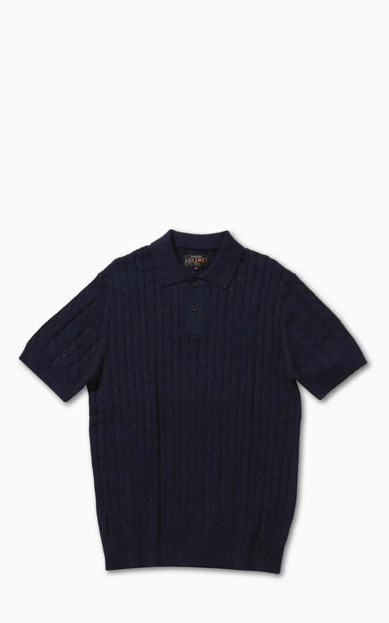 Beams Plus Linen Cotton Cable Knit Polo Shirt Navy