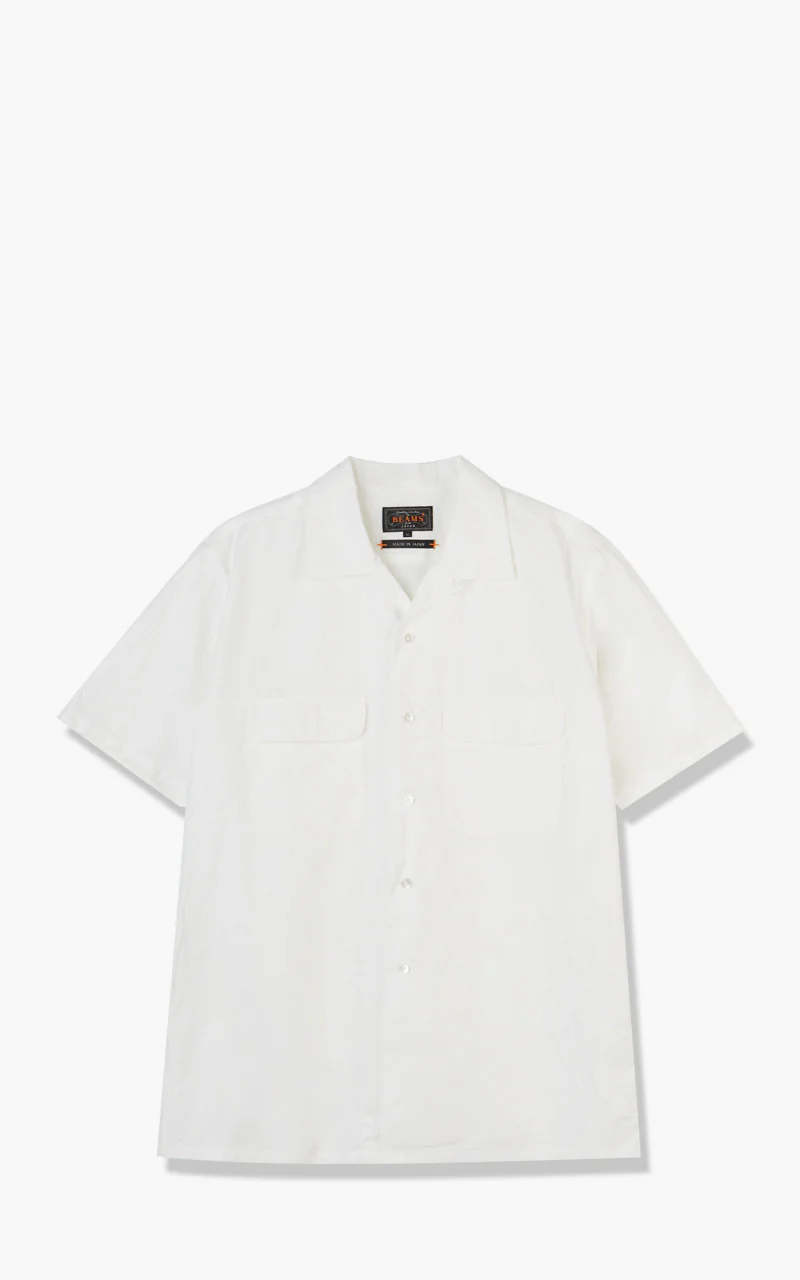 Beams Plus Open Collar Short Sleeve Shirt Cotton Linen White