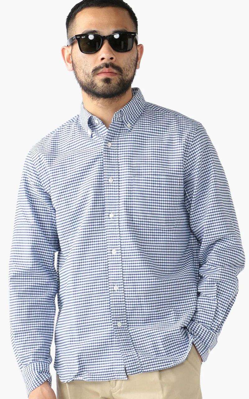 Beams Plus Oxford Gingham Check Button-Down Shirt Blue - Image 3