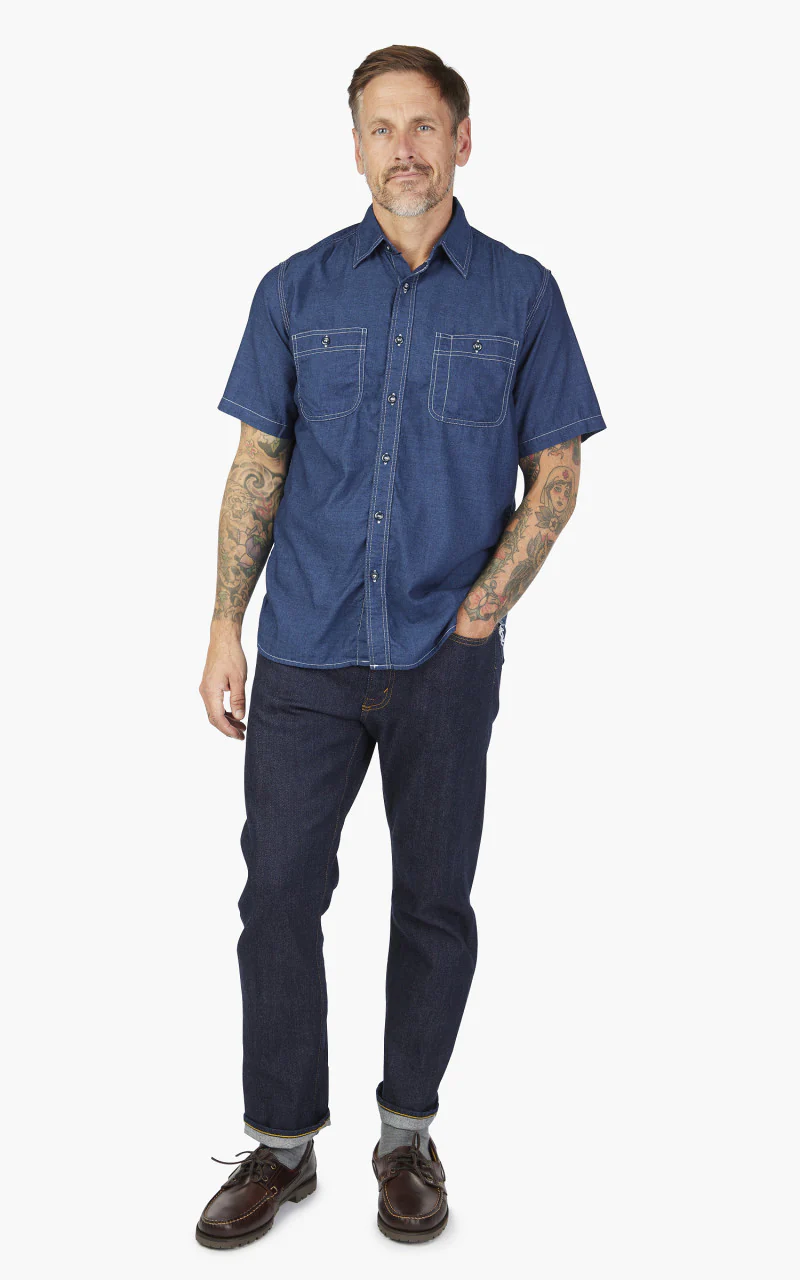 Beams Plus Short Sleeve Work Shirt Chambray Indigo - Image 2