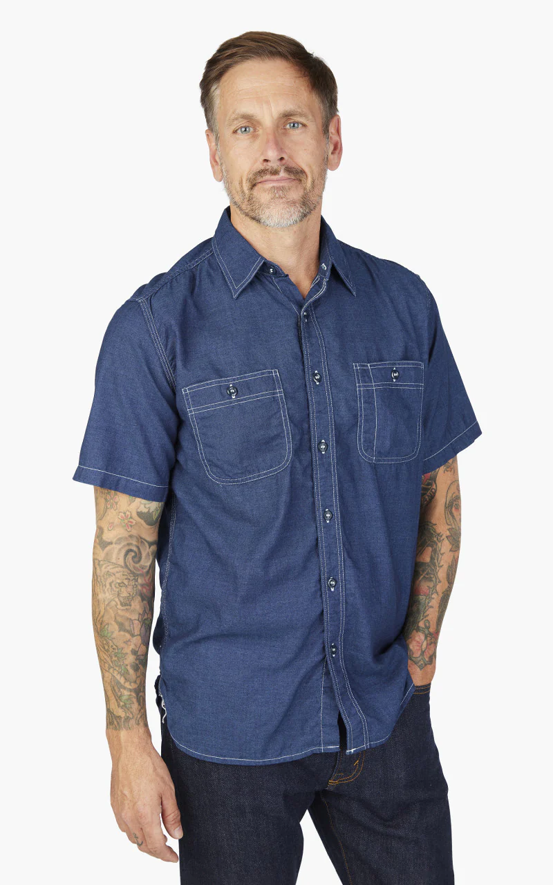 Beams Plus Short Sleeve Work Shirt Chambray Indigo - Image 4