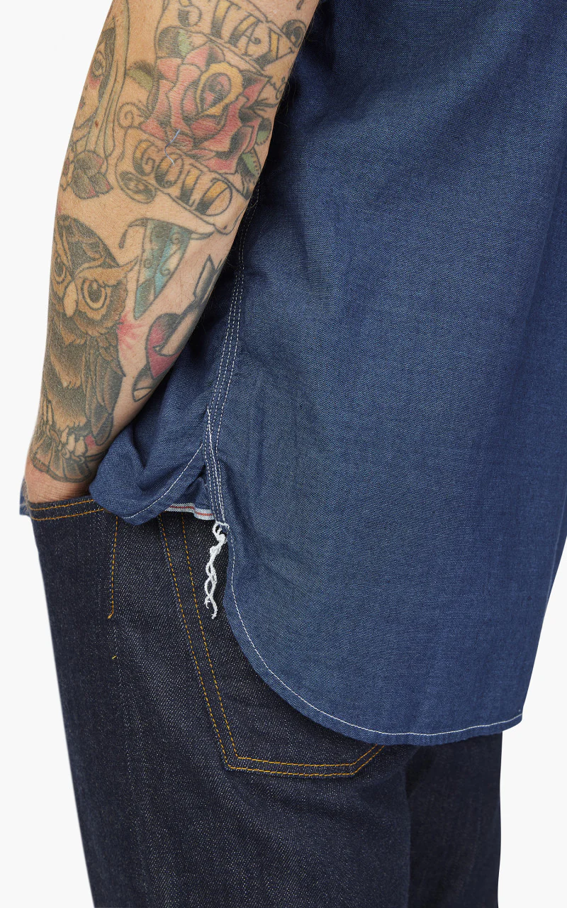 Beams Plus Short Sleeve Work Shirt Chambray Indigo - Image 5